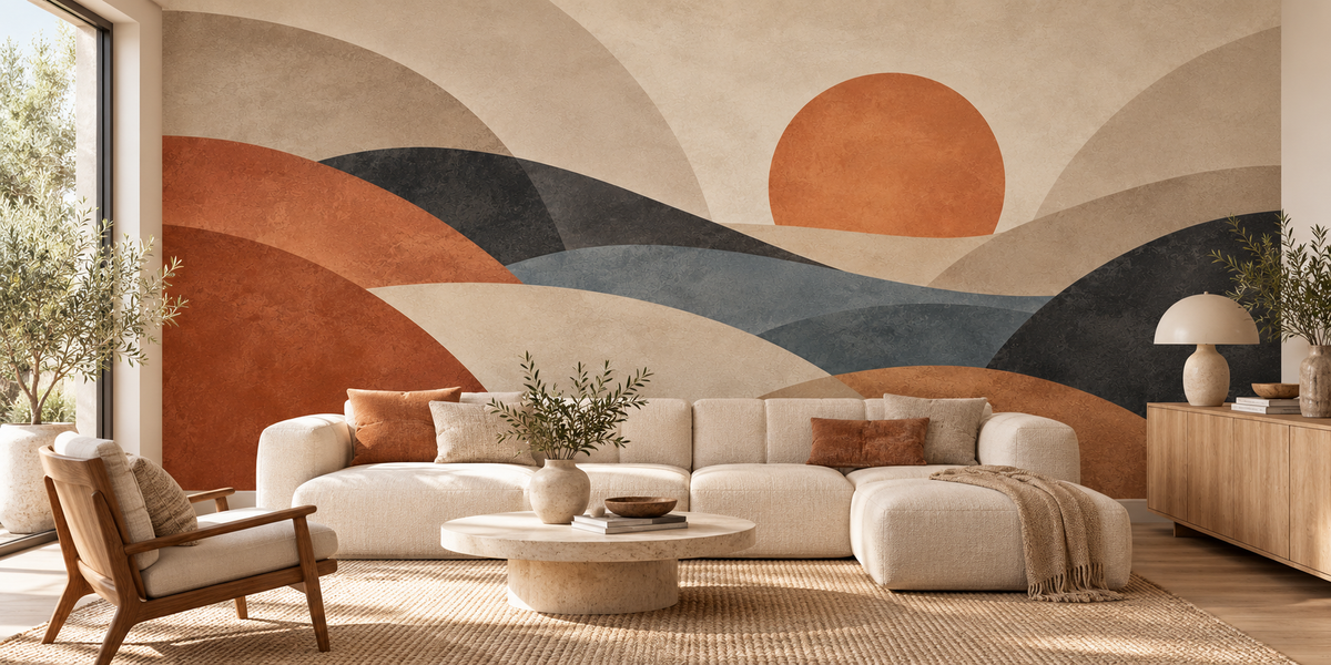 Sundown Arc mural shown on a living room feature wall