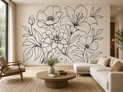 Ivory Outline Botanica mural shown in a room setting