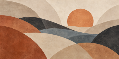 Sundown Arc mural artwork in warm terracotta, charcoal, sand and slate arcs