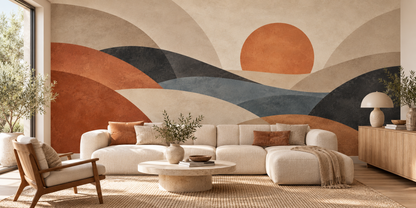 Sundown Arc mural shown on a living room feature wall