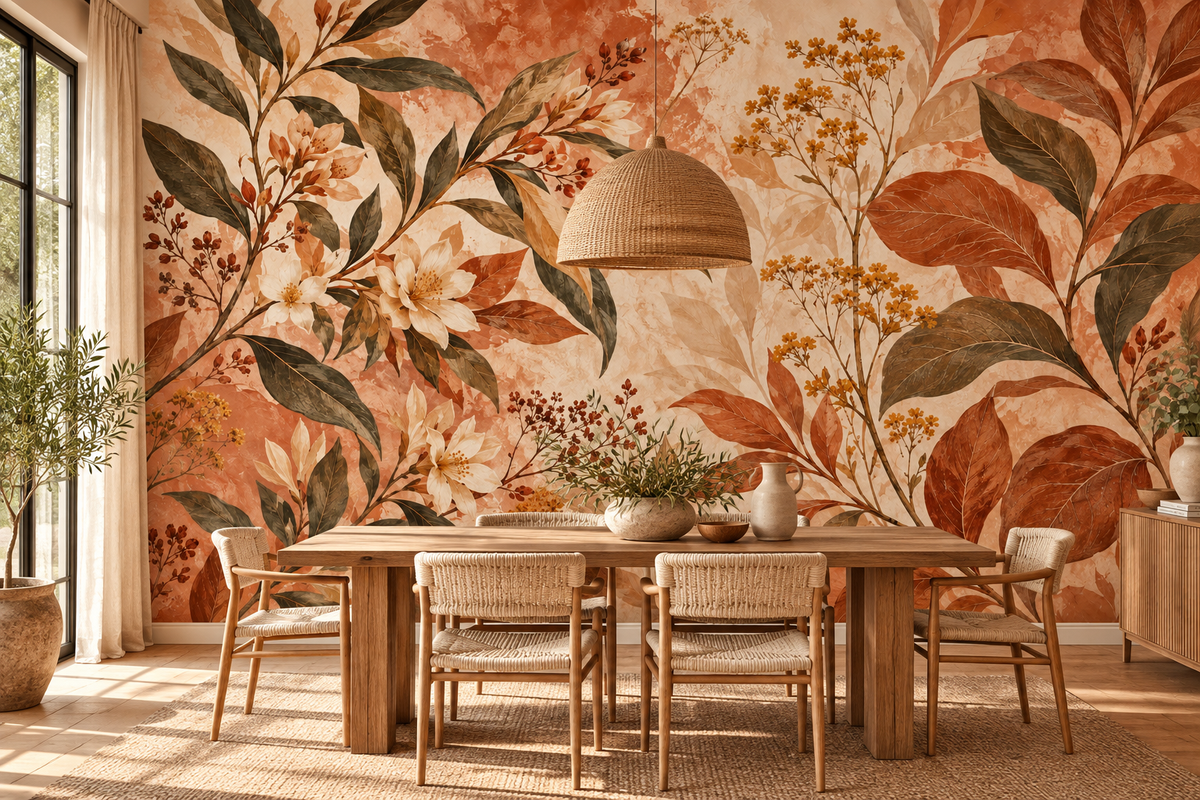 Terracotta Botanica mural shown in a room